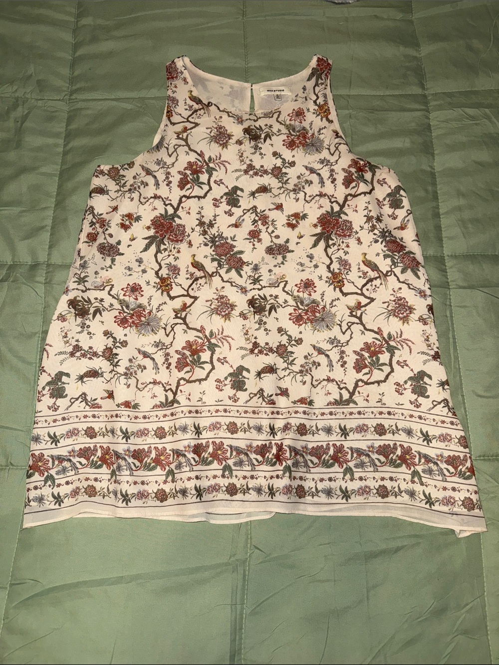 Max Studio Cream Floral Border Sleeveless Tank with Rust and Green Accents